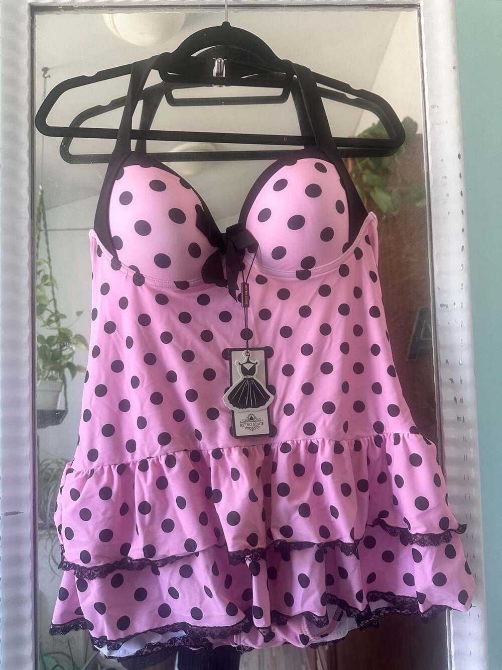 Retro Stage Polka Dot Halter Swimsuit Size 1XL Pink Black Vintage